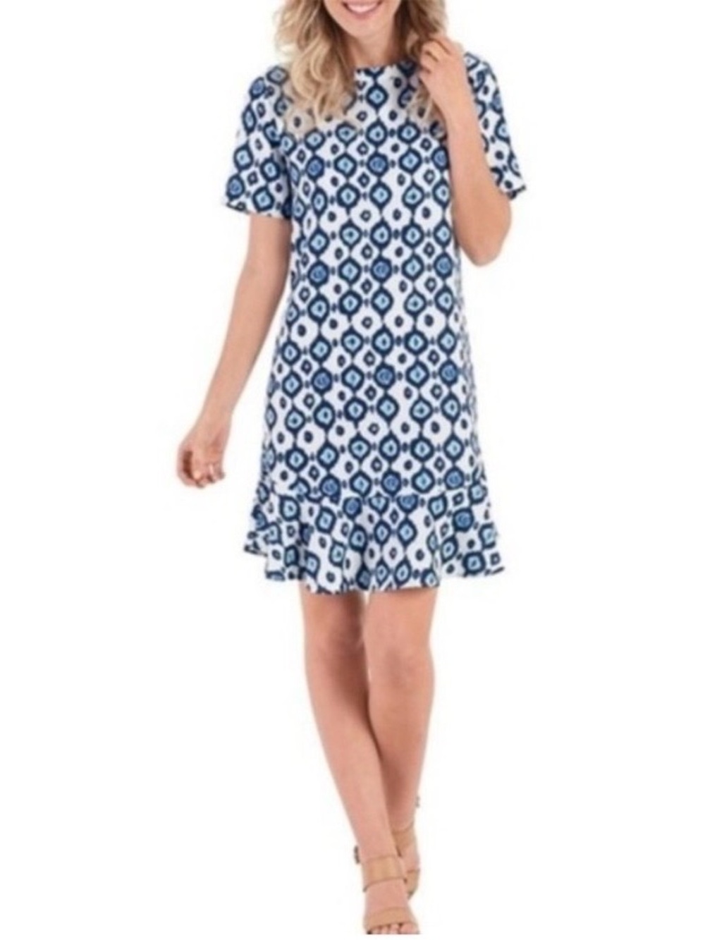 Mud Pie Farrah Flounce Shift Dress navy Blue and White Ikat Ruffle-Hem Size M
